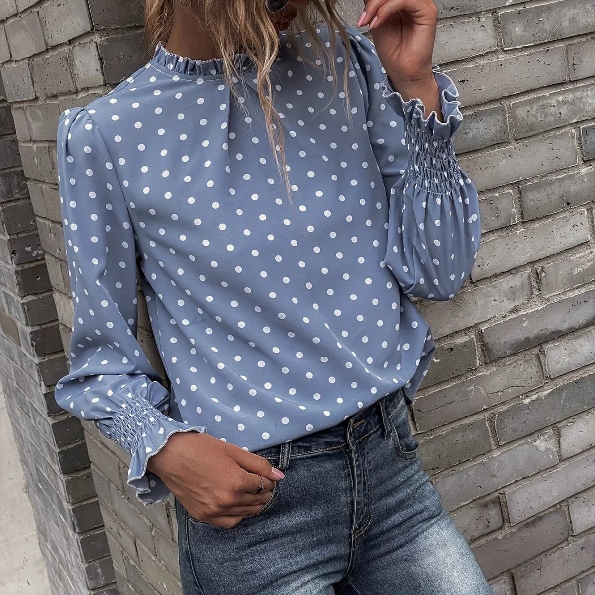 Chemisier Femme à Pois Col Montant Manches Longues Bleue - Imagen 7