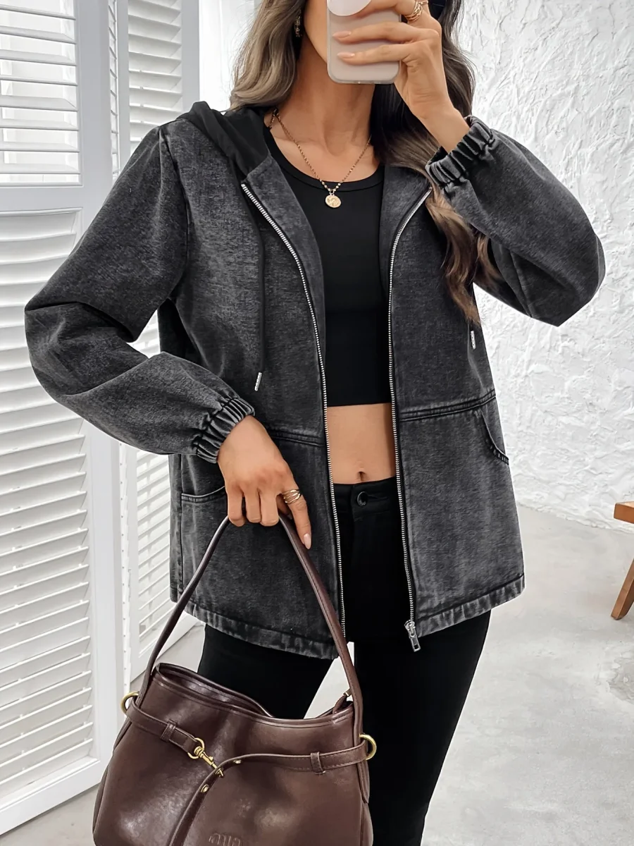 Veste à capuche femme gris délavé zippée poches à rabat - Imagen 3