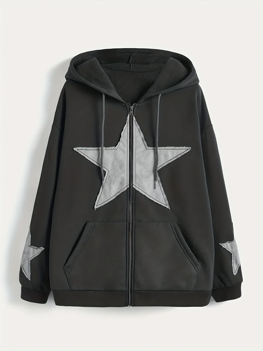 Sweat à capuche zippé marron avec motif étoile gris délavé - Imagen 4