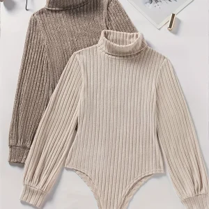 Body col roulé femme côtelé manches longues beige