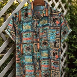 Chemise Resort Homme Motif Patchwork Style Vintage à Manches Courtes
