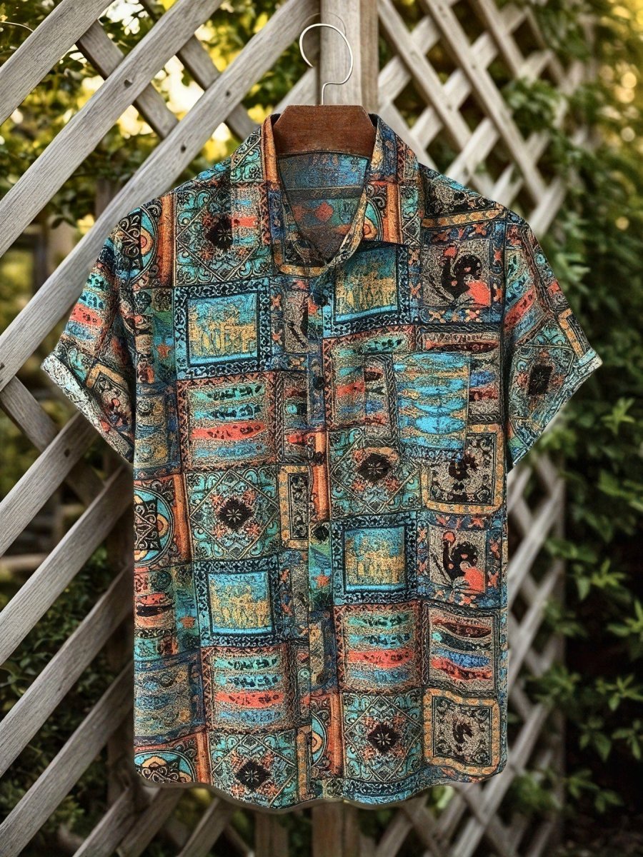 Chemise Resort Homme Motif Patchwork Style Vintage à Manches Courtes - Imagen 2