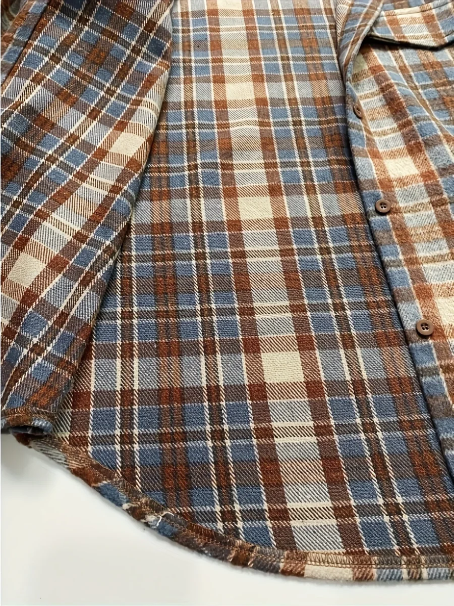Surchemise à carreaux oversize Femme marron beige bleue décontractée - Imagen 5