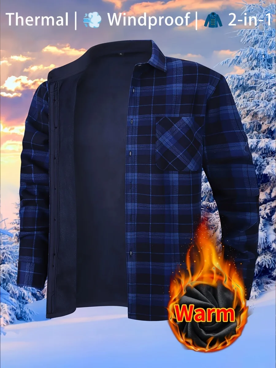 Men's Fleece-Lined Plaid Button-Up Shirt Jacket - Imagen 6