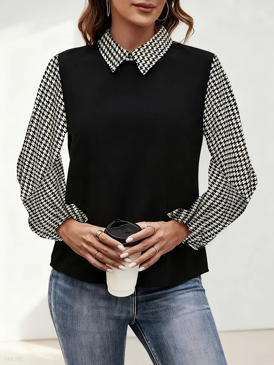 Blouse Femme Noir et Blanc Motif Pied-de-poule Manches Longues - Imagen 3