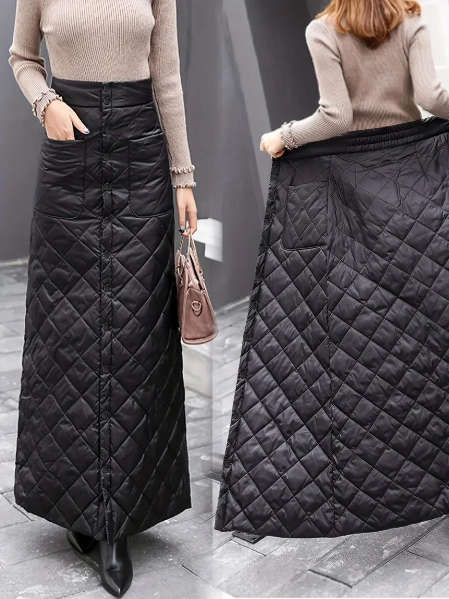 Jupe longue matelassée noire boutonnée taille haute pour femme - Imagen 2