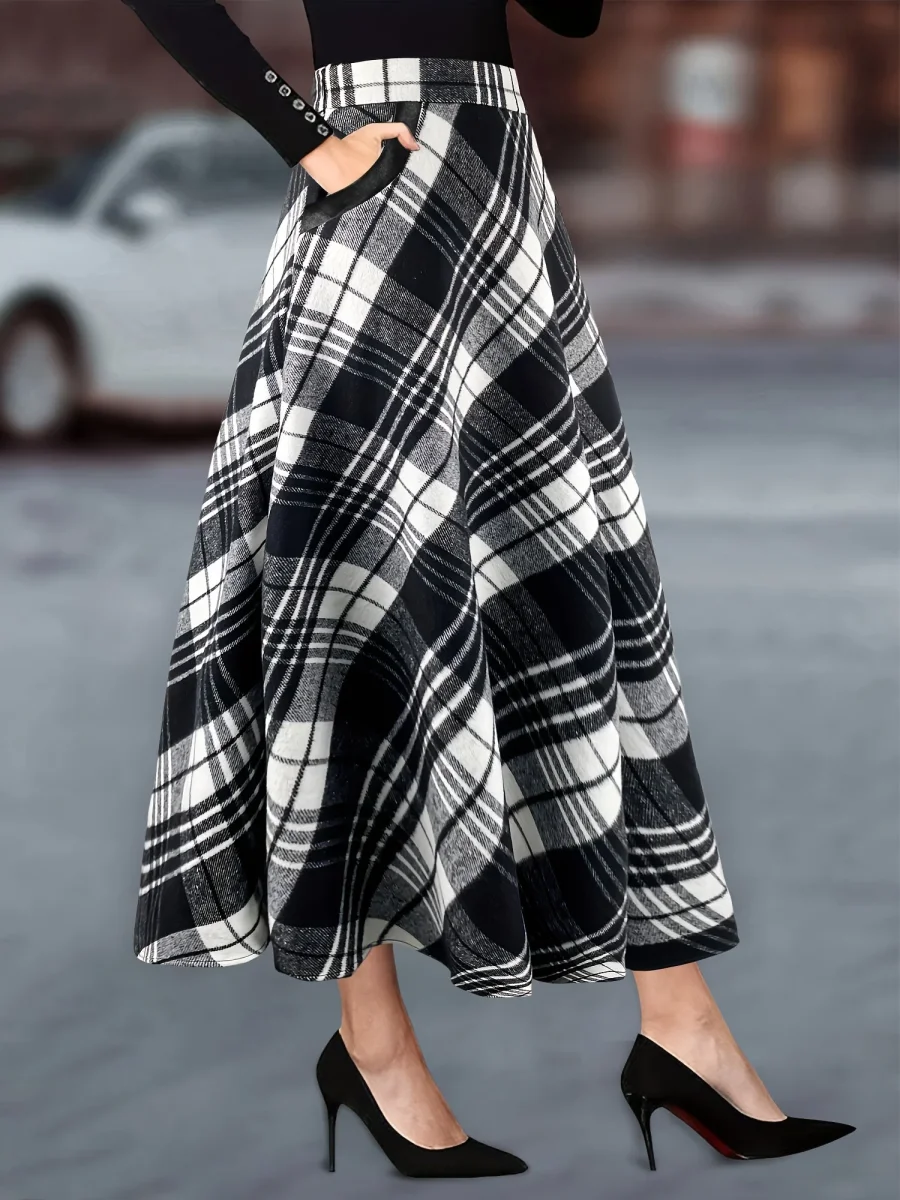 Jupe longue évasée à carreaux style écossais noir et blanc pour femme - Imagen 2
