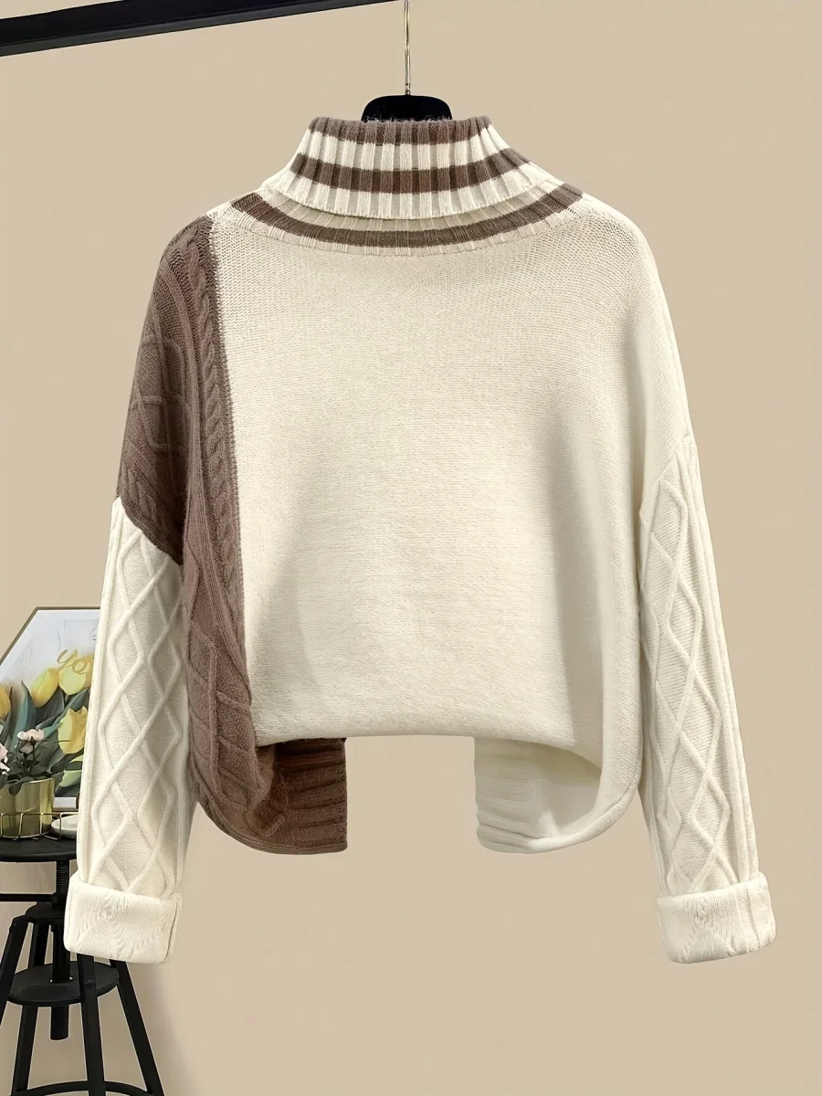Ensemble Jupe Longue Tricotée et Pull Col Roulé Femme Bicolore Marron Crème Motif Torsadé - Imagen 3