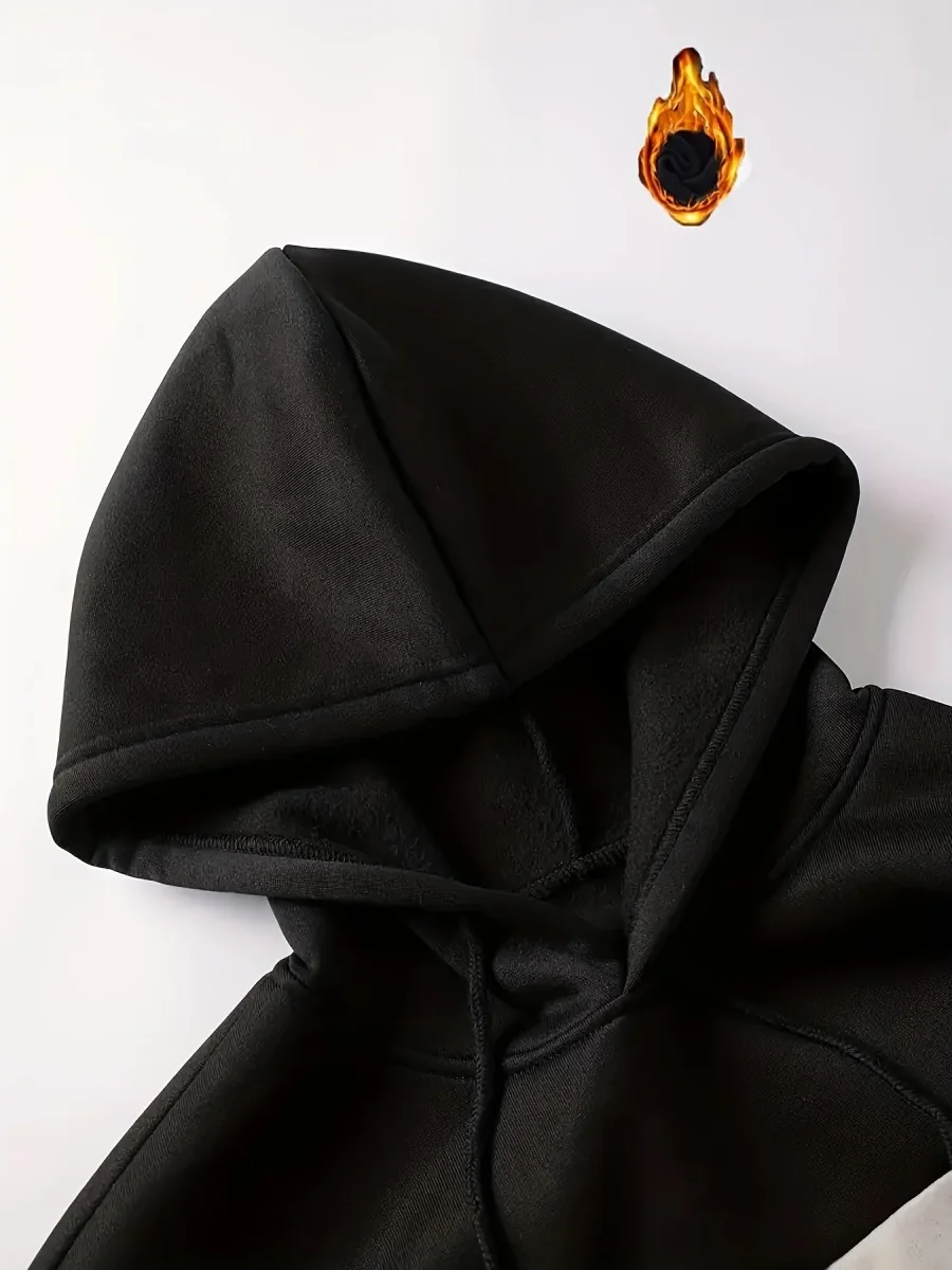 Sweat à Capuche Color Block Homme Noir Beige Marron Manches Longues Doublé Polaire - Imagen 7