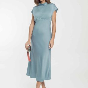 Vestido midi satén escote semicisne