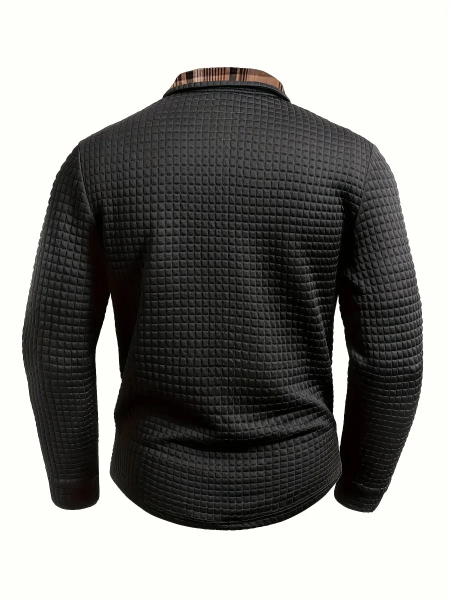 Polo homme à manches longues texturé motif gaufré avec col et poche à carreaux - Imagen 9