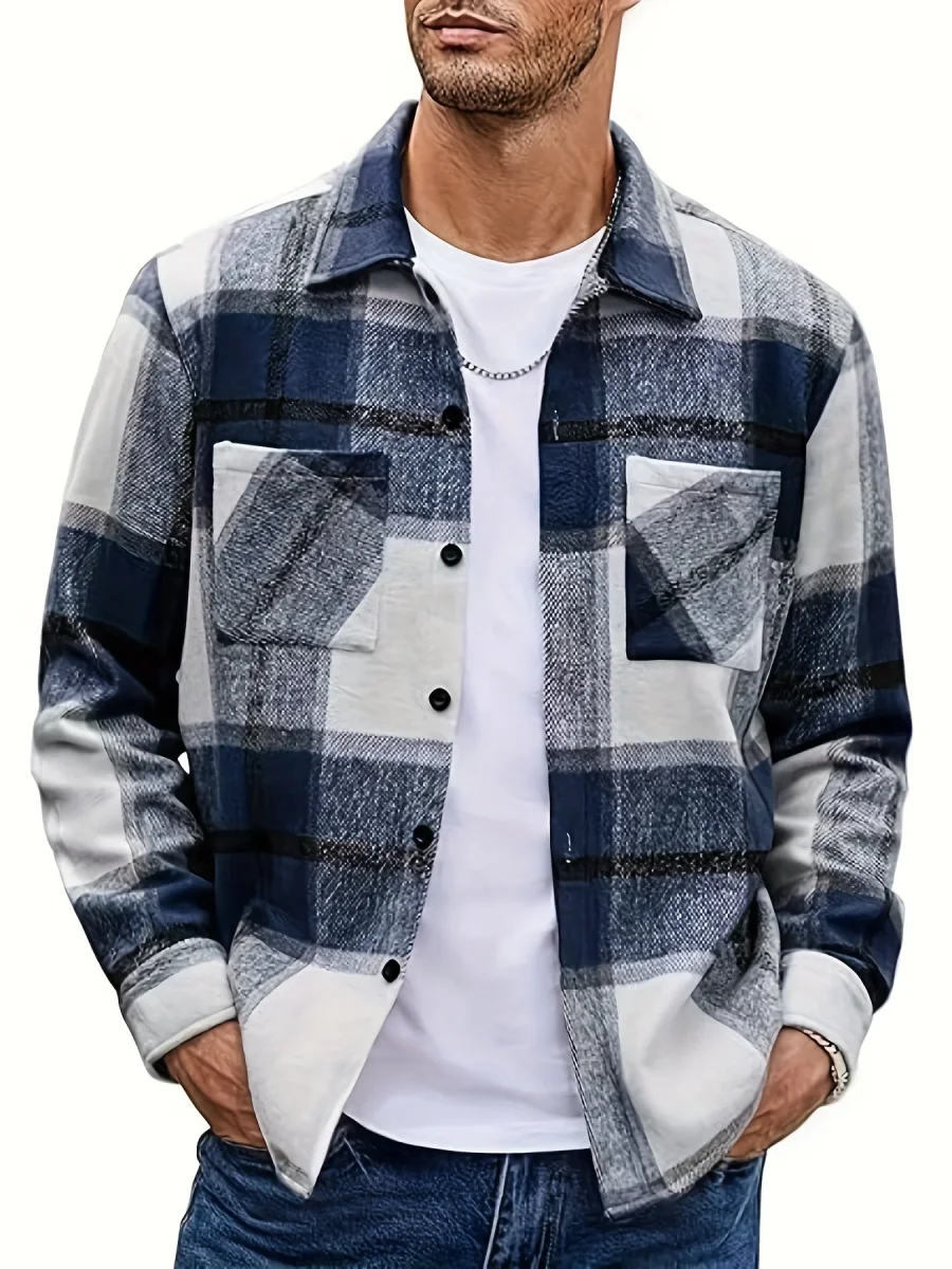 Chemise à carreaux homme coupe décontractée avec poches boutonnées marron clair et blanc - Imagen 5