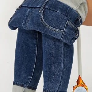 Jean slim femme bleu doublé thermique doux pour l'hiver