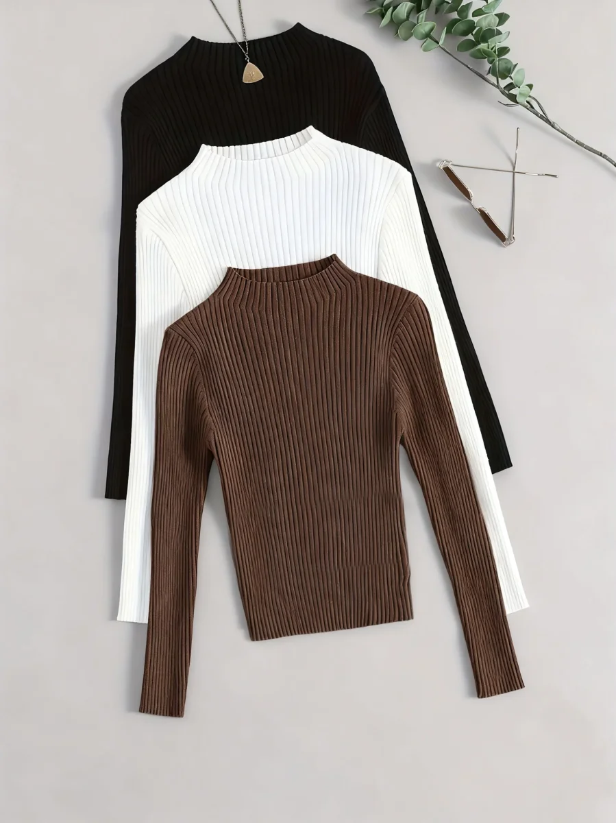 Pull côtelé à col montant pour femme, manches longues - Imagen 6
