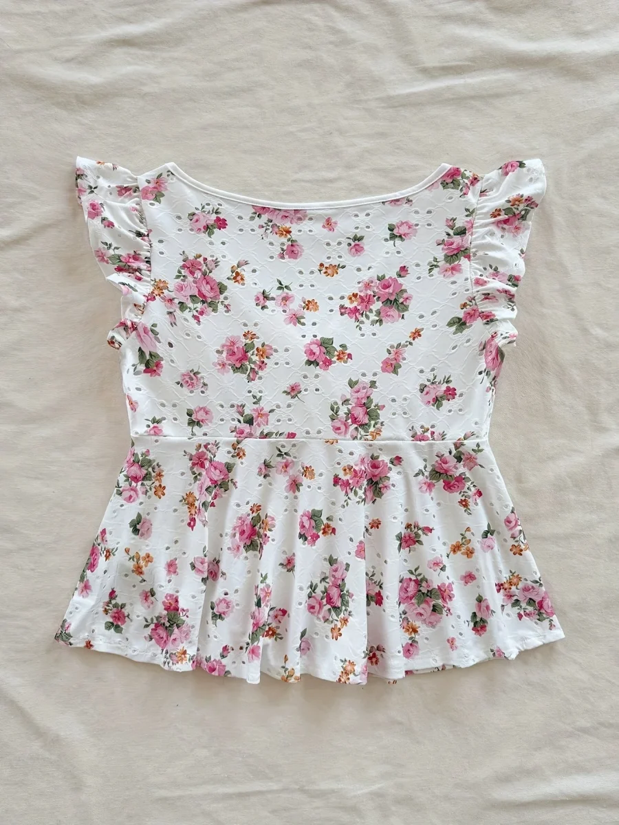 Blouse Femme Style Cottage Peplum à Imprimé Fleuri et Broderie Anglaise – Romantique, Manches Volants, Décolleté Noué - Imagen 4