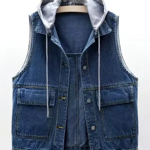 Gilet en jean sans manches avec capuche grise amovible pour femme