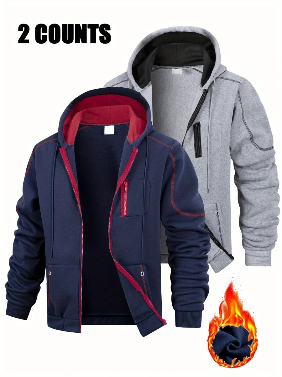 Lot de 2 Hoodies Homme Zippés Bicolores Chauds avec Capuche et Poches - Imagen 5