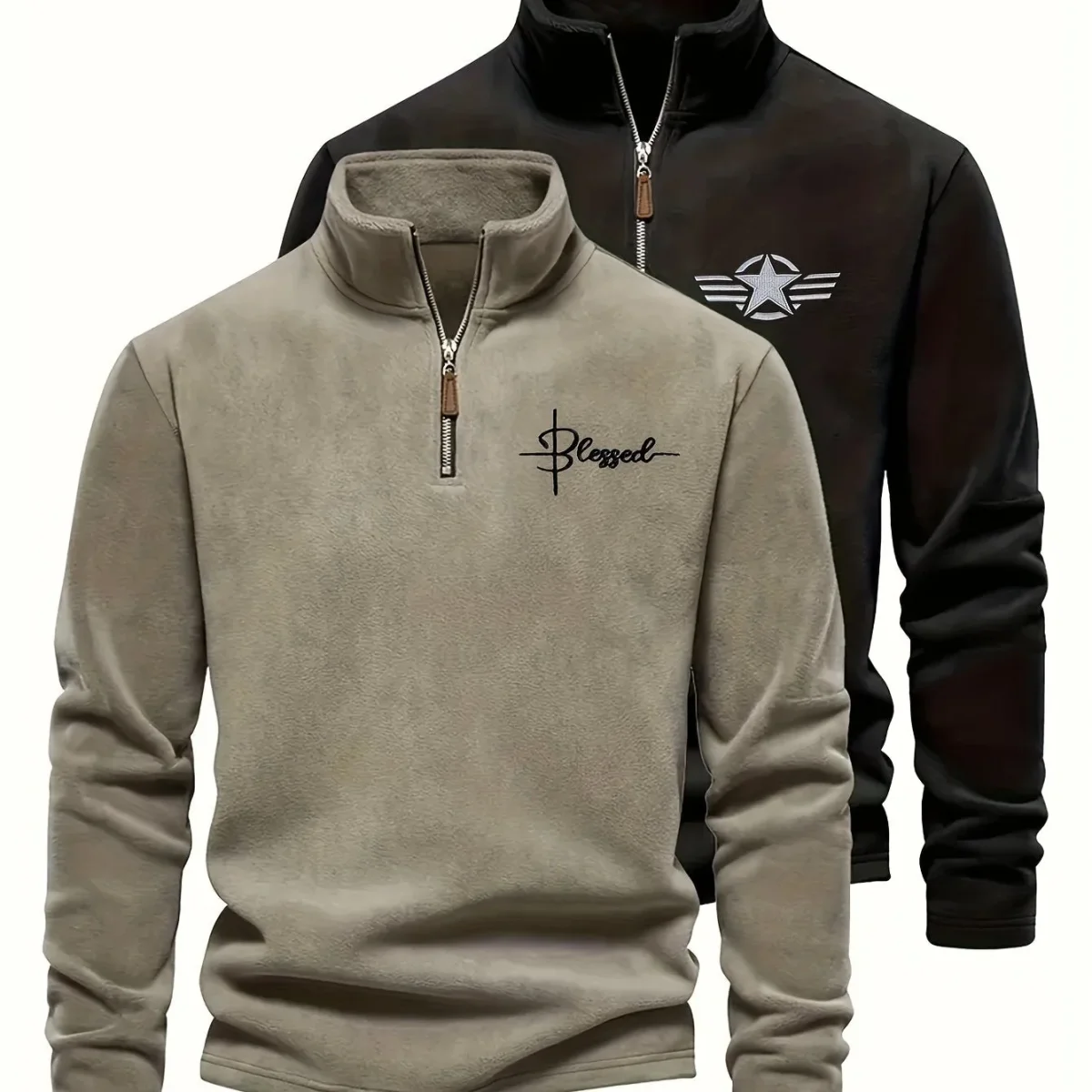 Pulls Homme Col Montant Zippé Polaire Coupe Droite Bicolore Beige Kaki et Noir Imprimé Graphique - Imagen 8