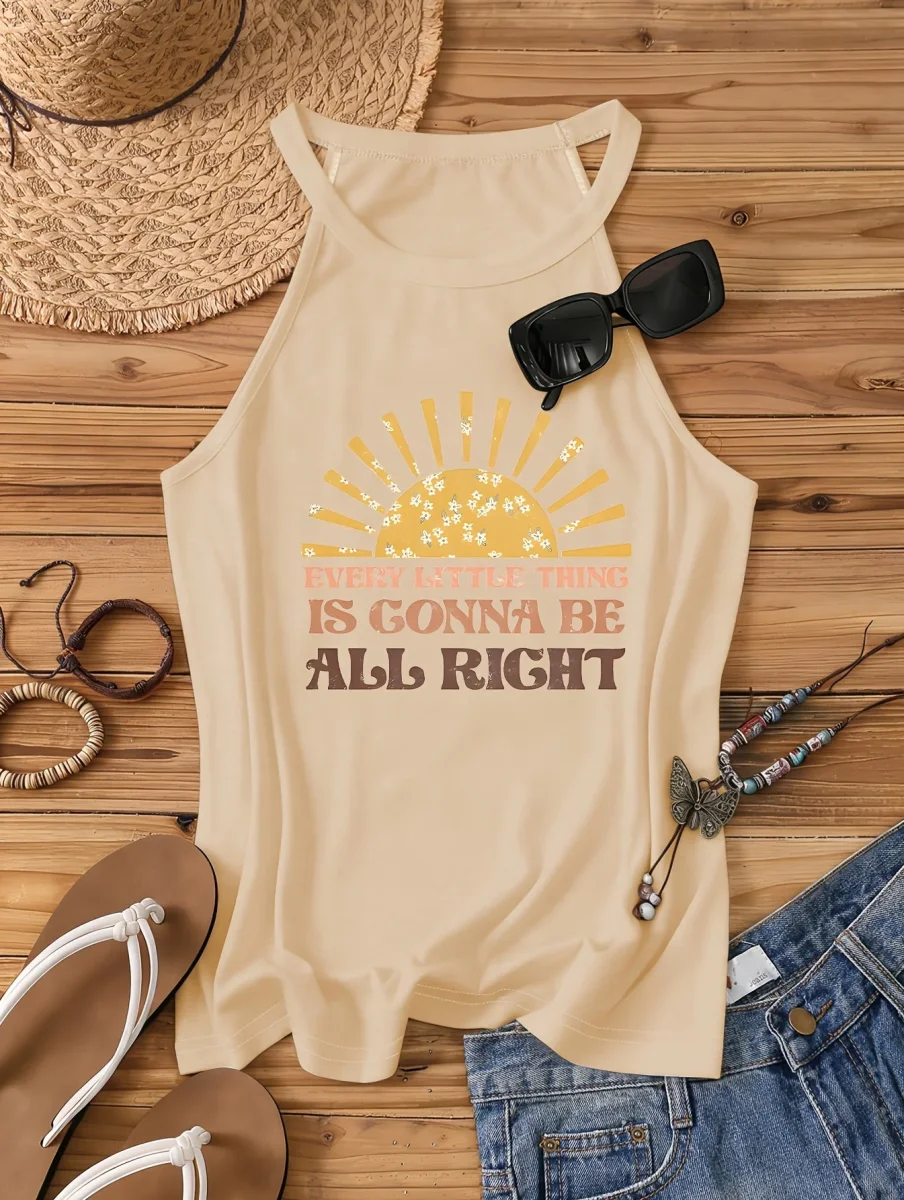 Débardeur Femme Style Bohème Casual - Motif Soleil et Message Positif - Idéal Été et Vacances - Imagen 3