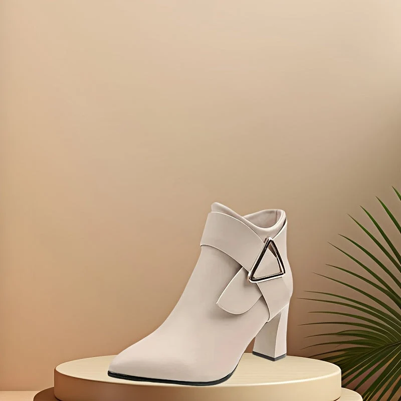 Bottines femme à talons épais, bout pointu, avec boucle décorative et fermeture éclair latérale - Imagen 6