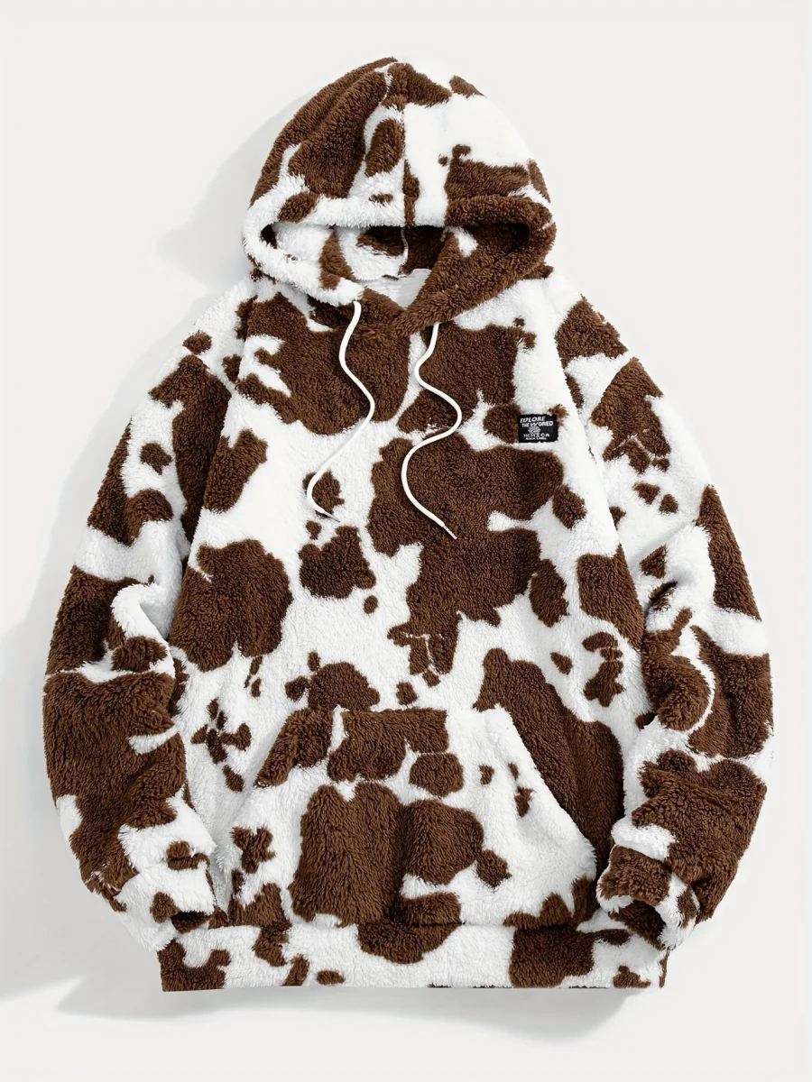 Sweat à capuche Sherpa motif peau de vache bicolore avec poche kangourou - Imagen 4