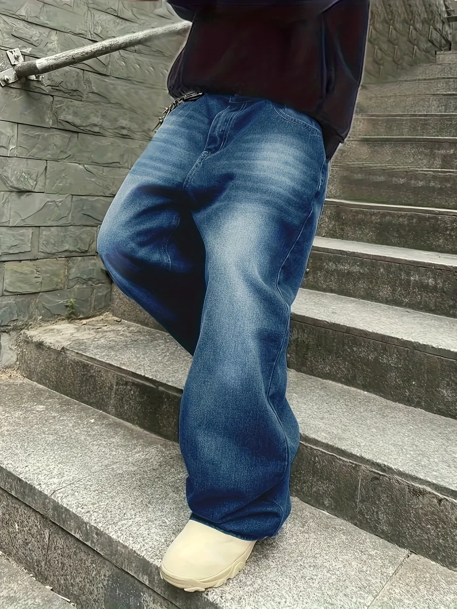 Jean large délavé coupe baggy bleu foncé style urbain unisexe - Imagen 4
