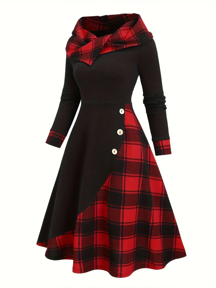Robe à capuche femme asymétrique noire et à carreaux bicolores avec boutons décoratifs - Imagen 5