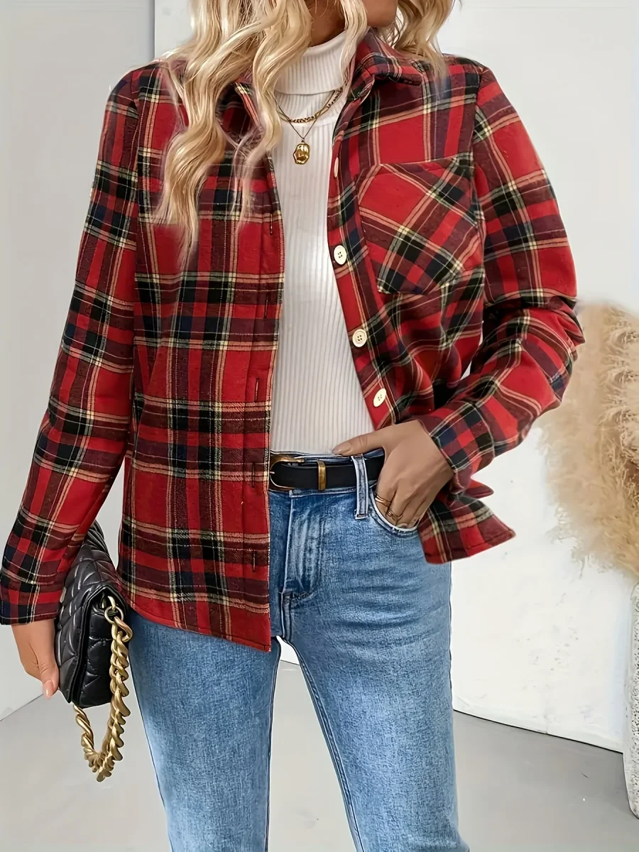Chemise Veste Femme à Carreaux Doublée Effet Mouton Vert Menthe Rouge - Imagen 4