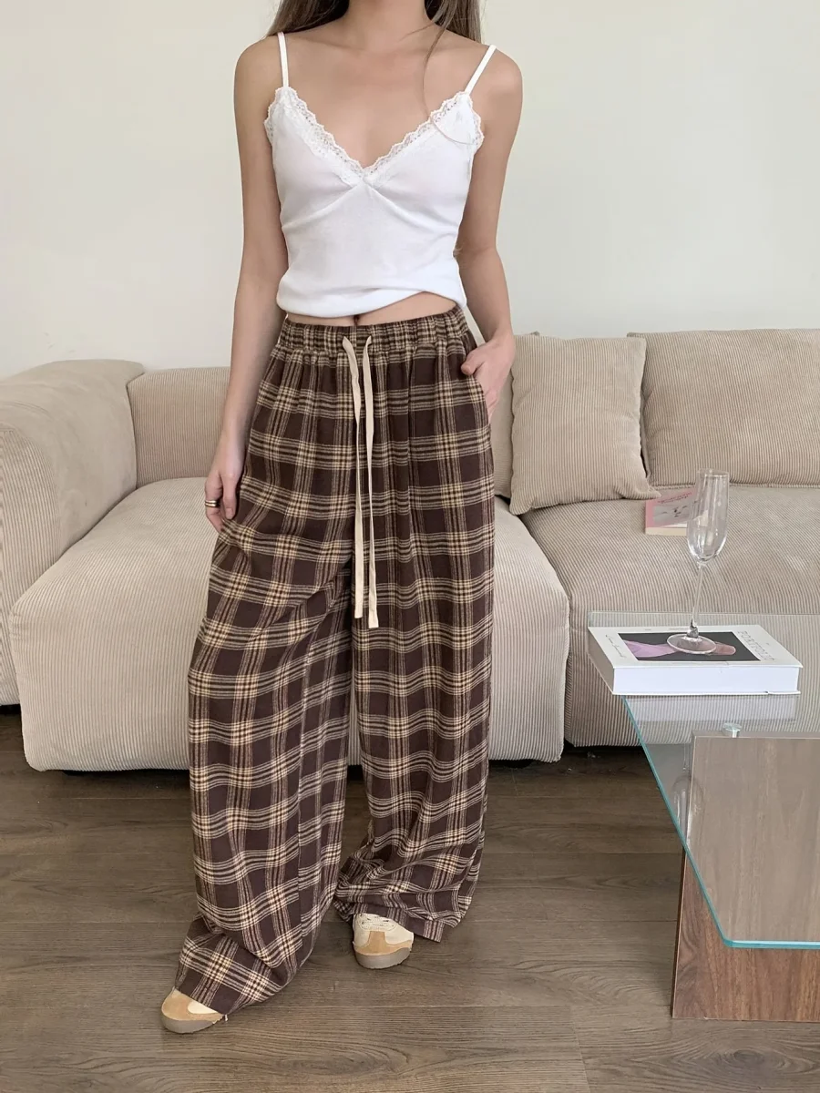Pantalon de Pyjama Femme Carreaux Marron et Beige Ample avec Cordon - Imagen 3