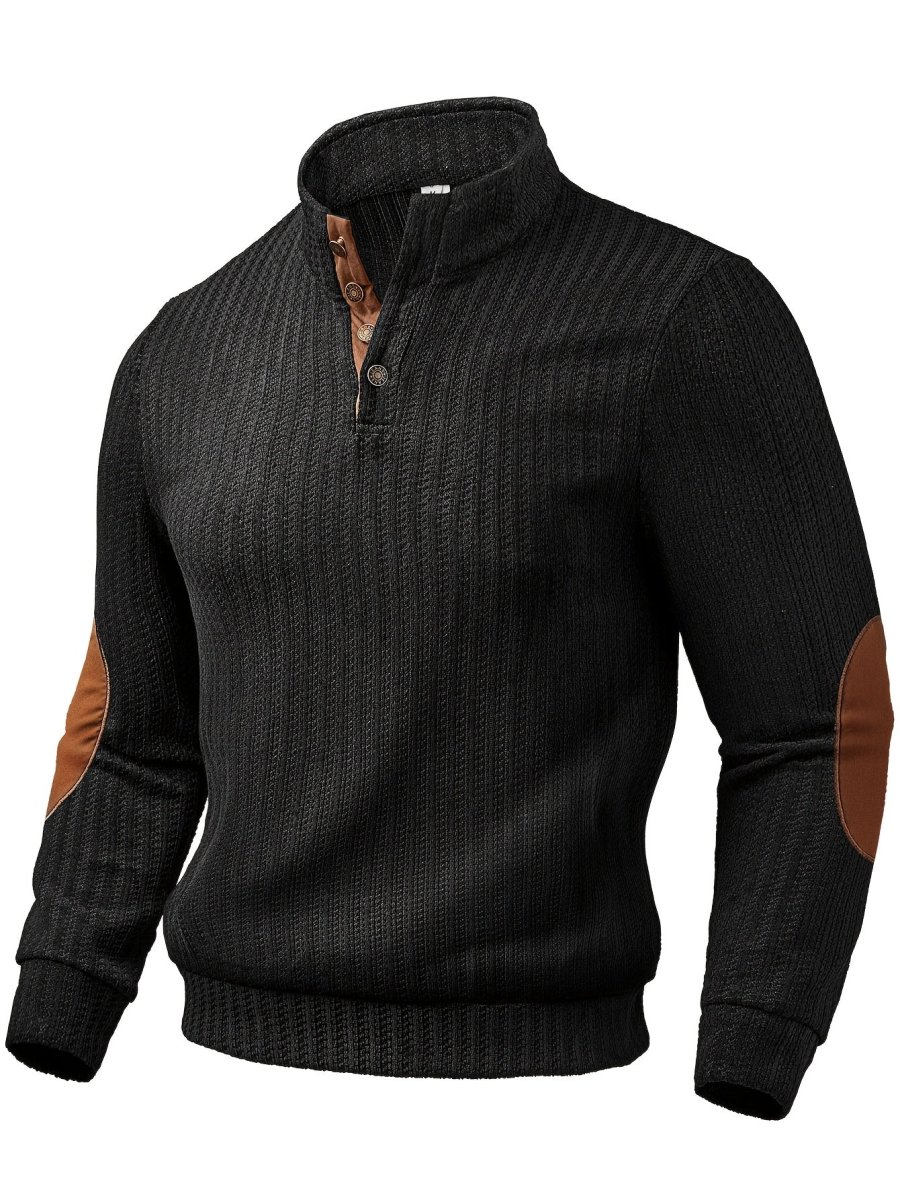 Pull homme à col montant boutonnable, motif tissé et empiècements aux coudes - Imagen 7