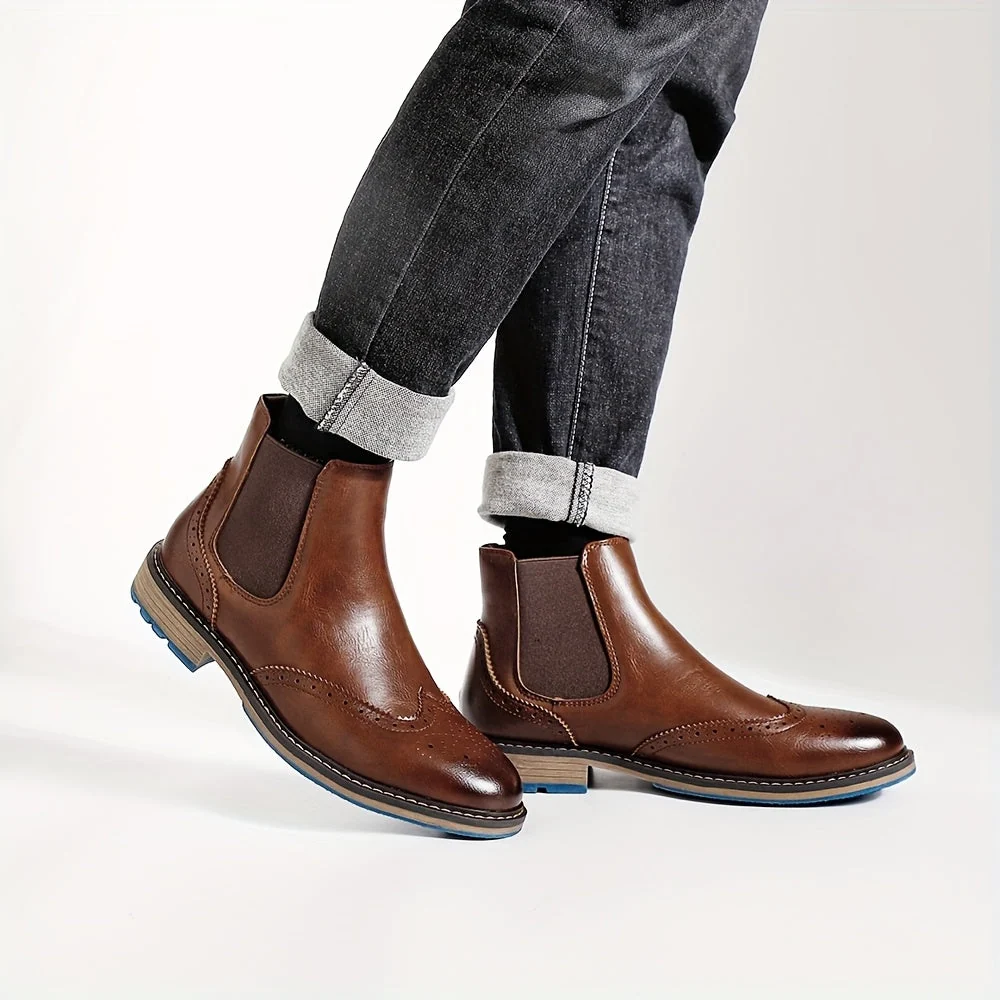 Bottes Chelsea Homme Marron Brogue Détails Perforés Élastiques Latéraux Semelle Bleue - Imagen 9