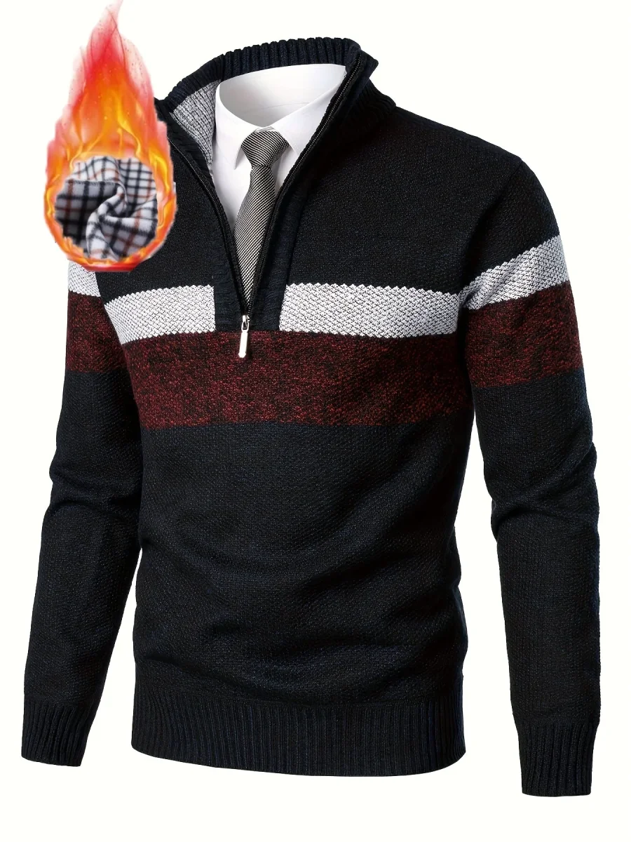 Pull homme tricoté à rayures, col montant zippé, doublure polaire beige et marron - Imagen 7