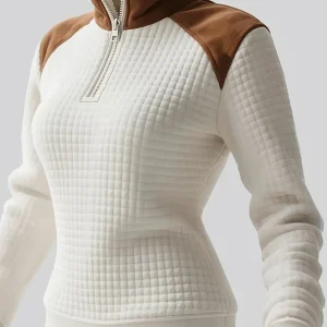 Pull matelassé Femme Col Montant Zippé Blanc Cassé Épaules Marron Effet Daim
