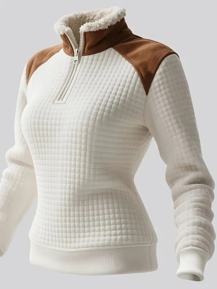 Pull matelassé Femme Col Montant Zippé Blanc Cassé Épaules Marron Effet Daim - Imagen 2