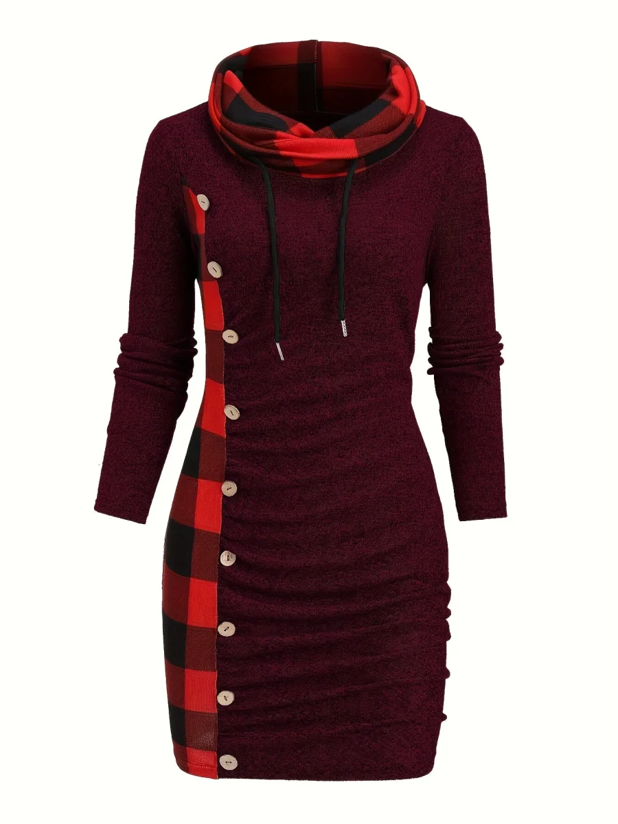 Robe Pull Courte Femme avec Col Cheminée et Motif Carreaux Bicolores - Imagen 6