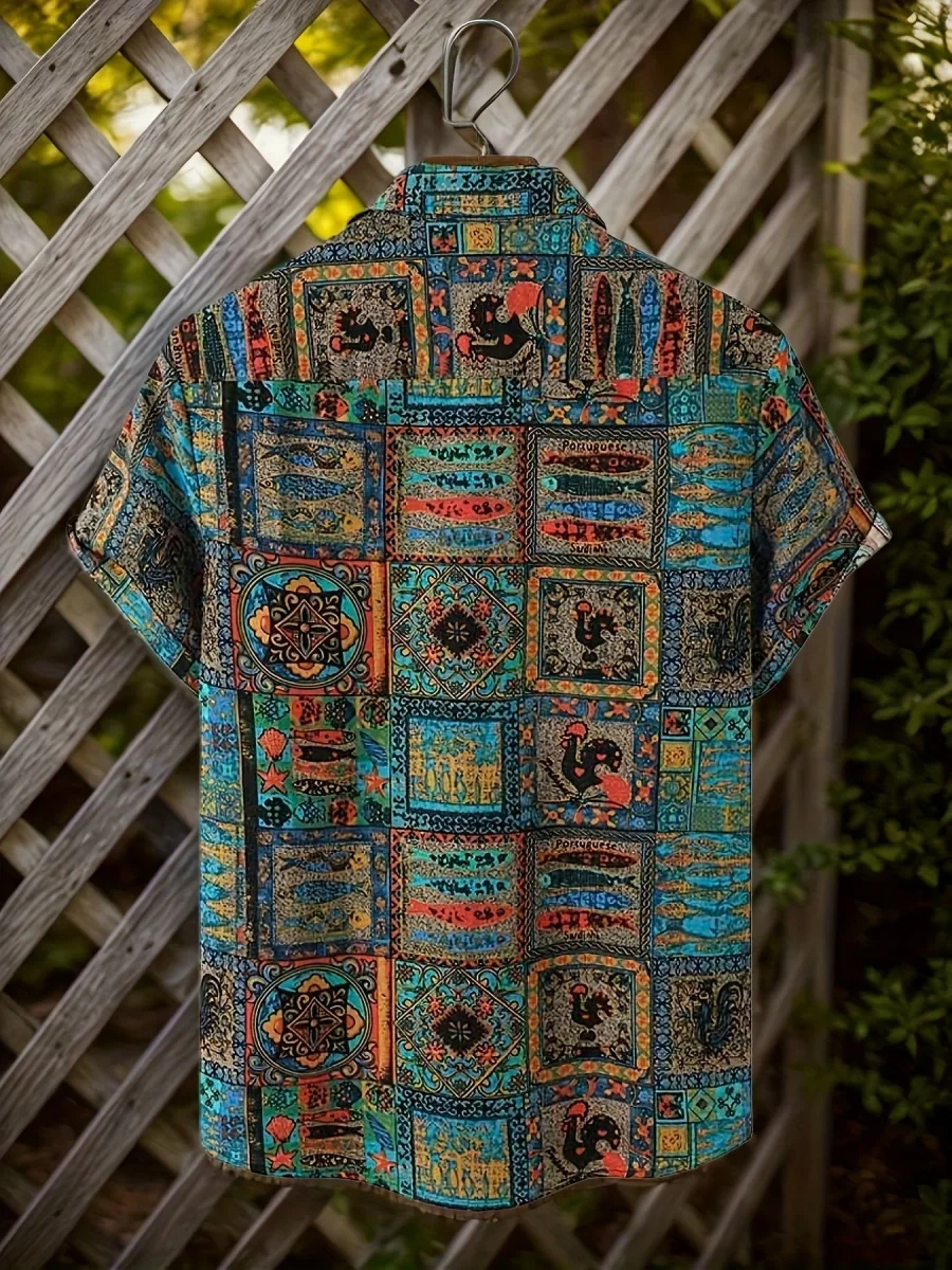 Chemise Resort Homme Motif Patchwork Style Vintage à Manches Courtes - Imagen 6