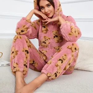 Combinaison Pyjama Polaire Femme à Capuche Ourson ou Pois Colorés Fermeture Éclair