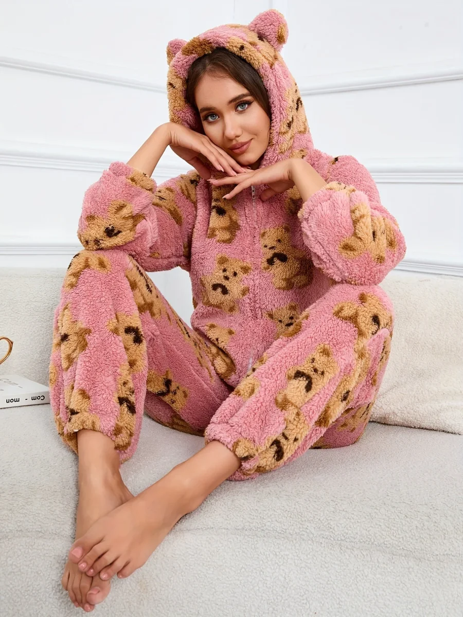 Combinaison Pyjama Polaire Femme à Capuche Ourson ou Pois Colorés Fermeture Éclair - Imagen 2