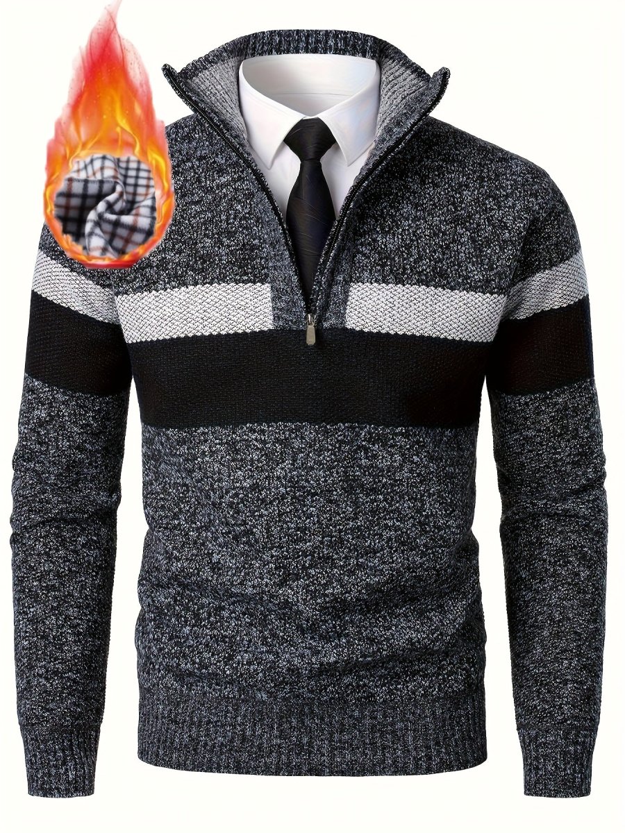 Pull homme tricoté à rayures, col montant zippé, doublure polaire beige et marron - Imagen 5