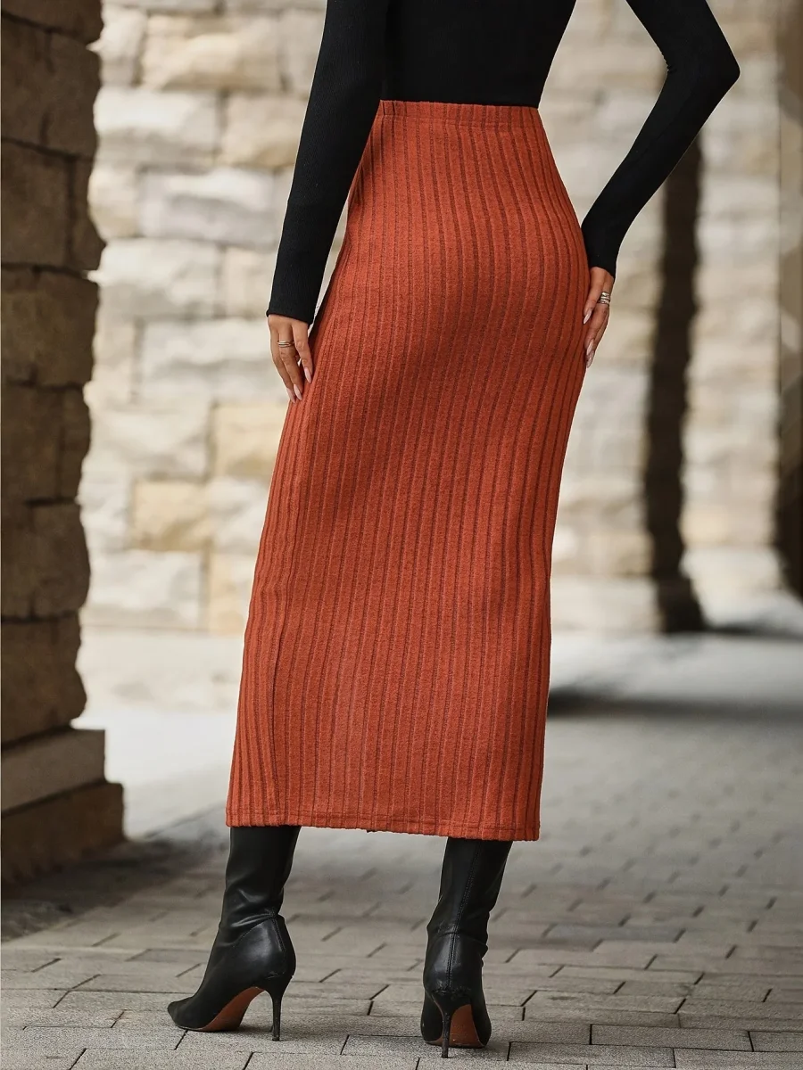 Jupe longue côtelée femme boutonnée fendue taille haute - Imagen 5