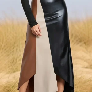 Jupe longue asymétrique femme à blocs de couleurs finition brillante