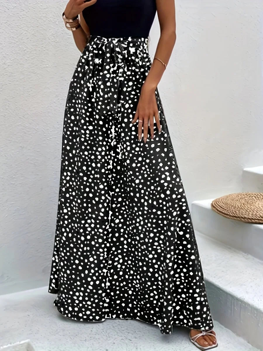 Pantalon large à pois femme style élégant pour printemps/été avec ceinture nouée - Imagen 3