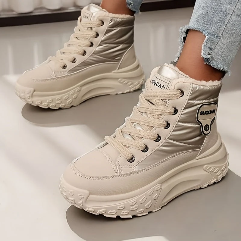 Bottes montantes femme fourrées crème brillantes lacets semelle épaisse - Imagen 8