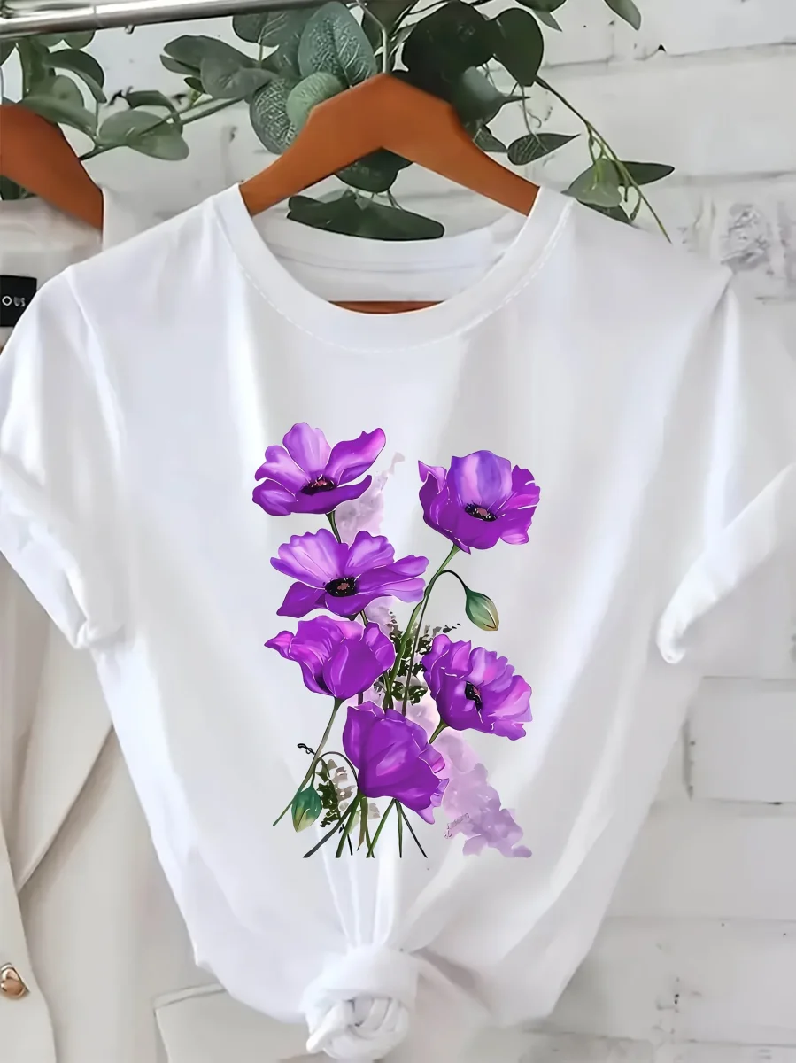 T-shirt Femme Style Décontracté à Imprimé Floral Artistique pour le Printemps et l'Été - Imagen 5