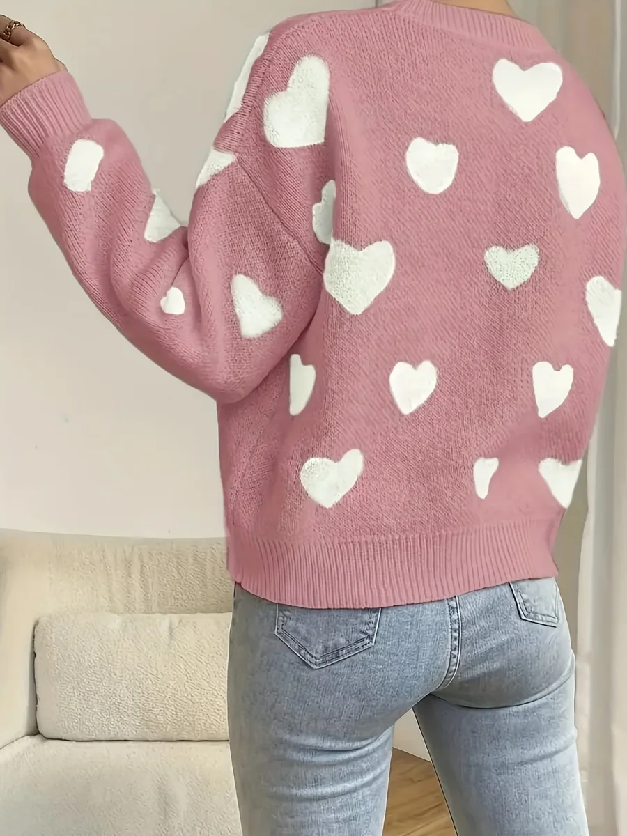 Pull col rond ample en maille blanc avec cœurs beiges - Imagen 9