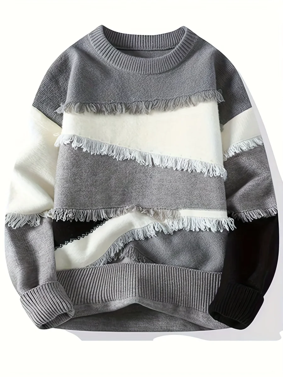Pull Homme Col Rond Color Block à Franges Tricoté Décontracté - Imagen 5