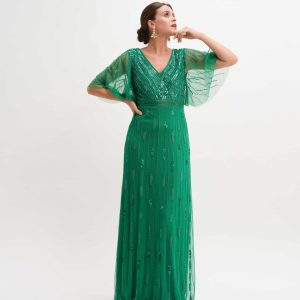 Vestido largo pedrería manga corta tul