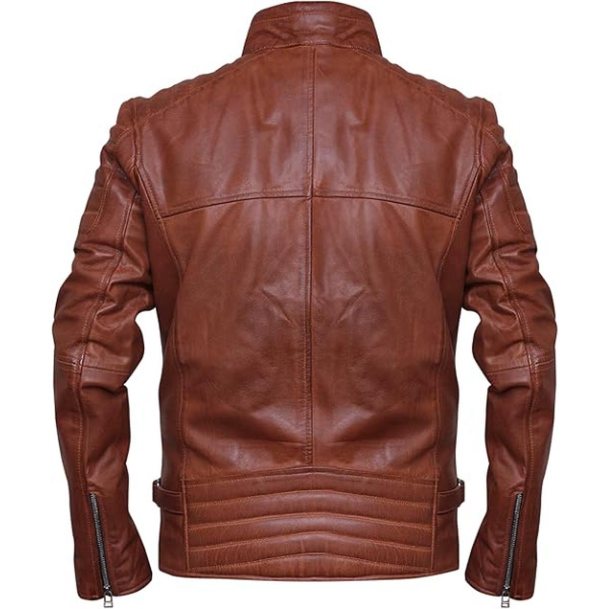 Chaqueta de hombre de cuero genuino marrón estilo café racer. – con Cuello Alto - Imagen 8