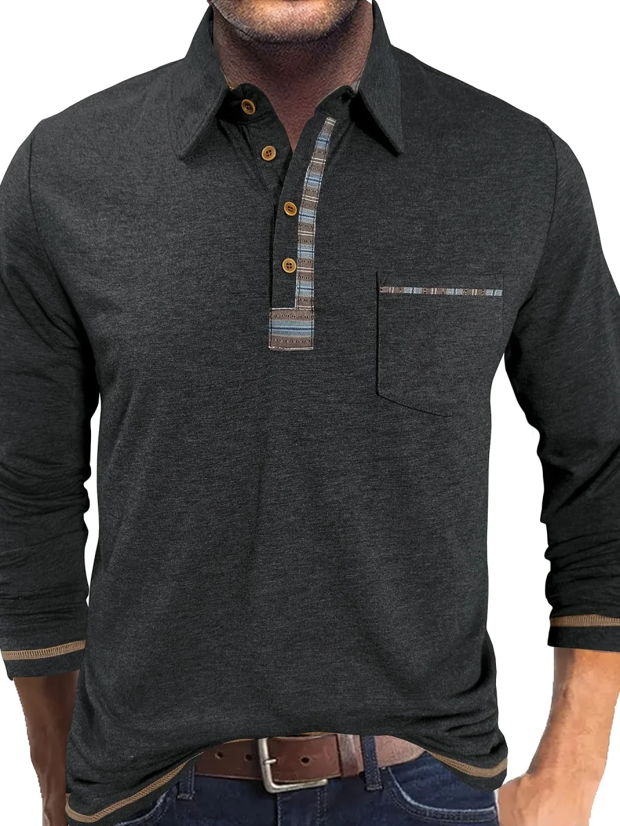 Polo Homme Manches Longues Détails Ethniques Boutons Beige - Imagen 4