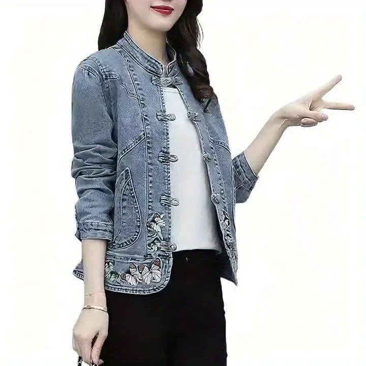 Veste en Jean Femme Col Mandarin Boutons Brandebourg Broderie Papillons - Imagen 6